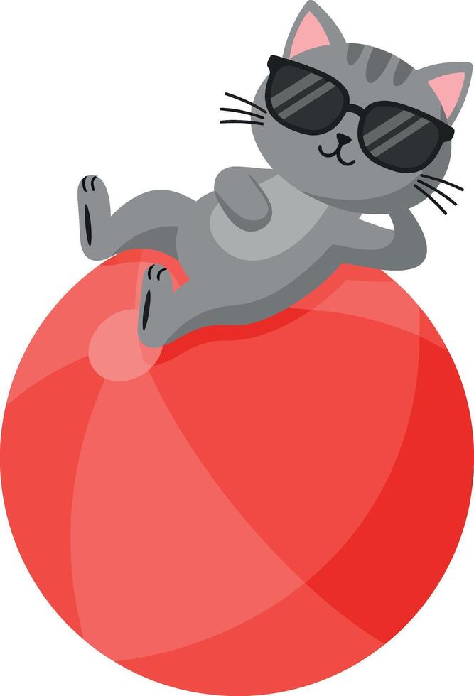 A relaxed gray cat wearing sunglasses lounging on a bright red ball in a minimal illustration vector