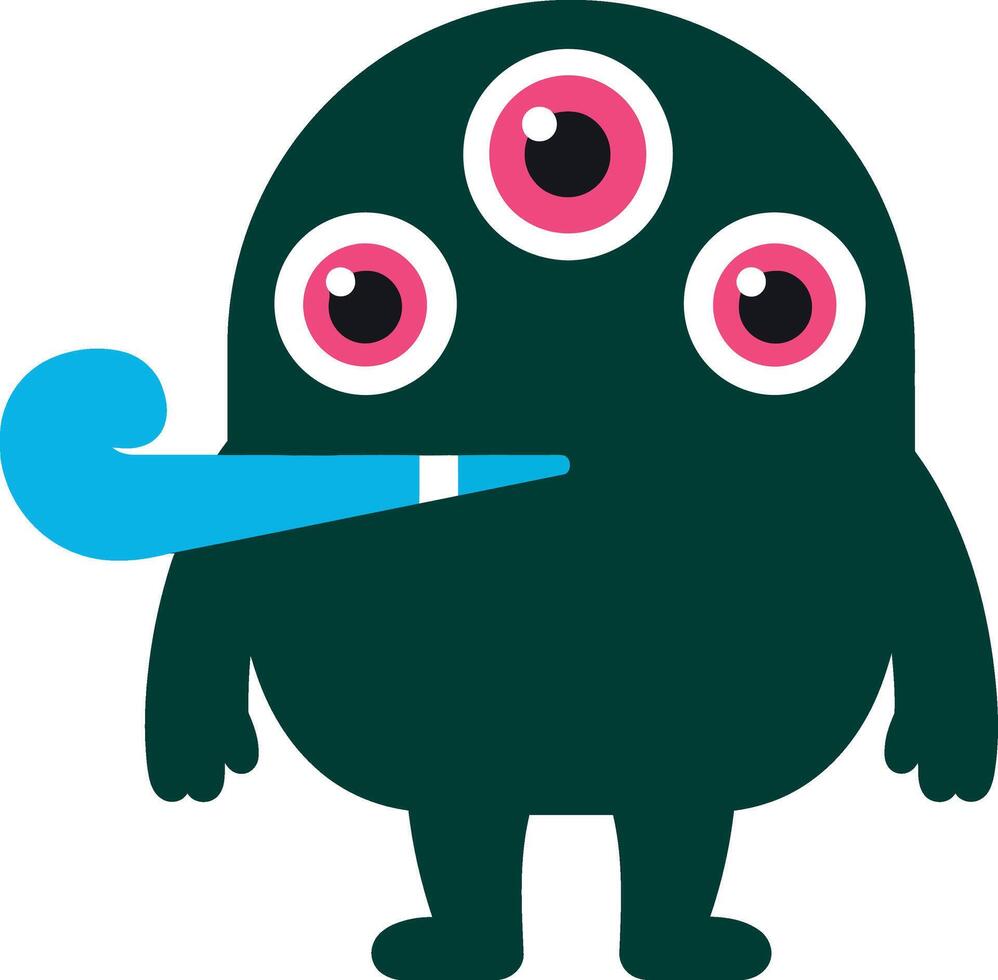 Whimsical creature with multiple eyes and a blue pipe in a flat, playful illustration vector