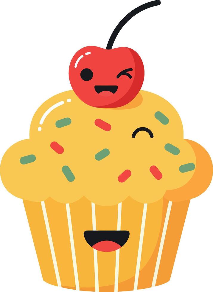 Happy cupcake with sprinkles and cherry on top in flat art style vector