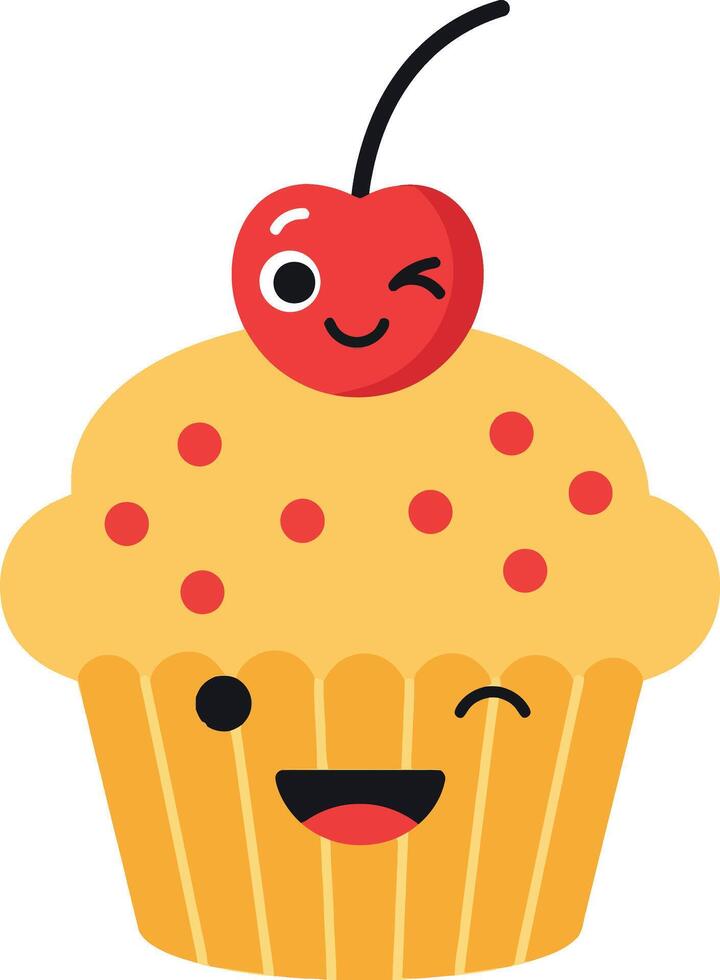 Cute smiling cupcake with a cherry on top in flat art vector
