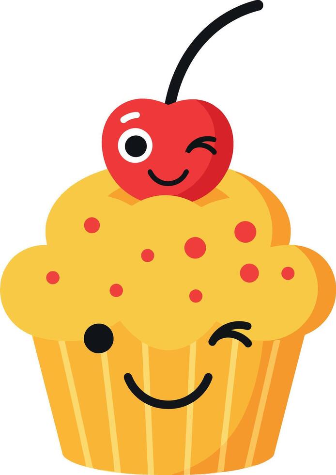 Cheerful cupcake with a cherry on top, smiling face, flat design style, illustration vector