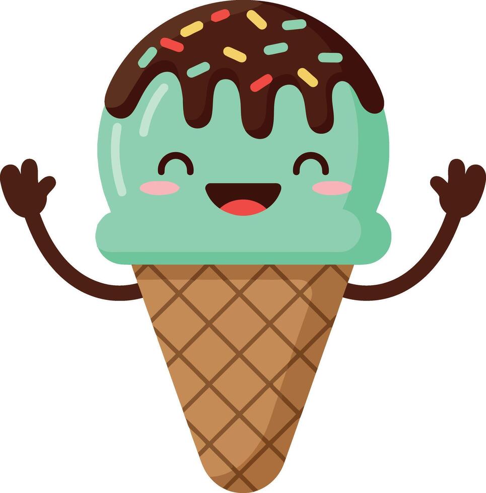 Cheerful mint ice cream cone character with chocolate sprinkles in flat art vector