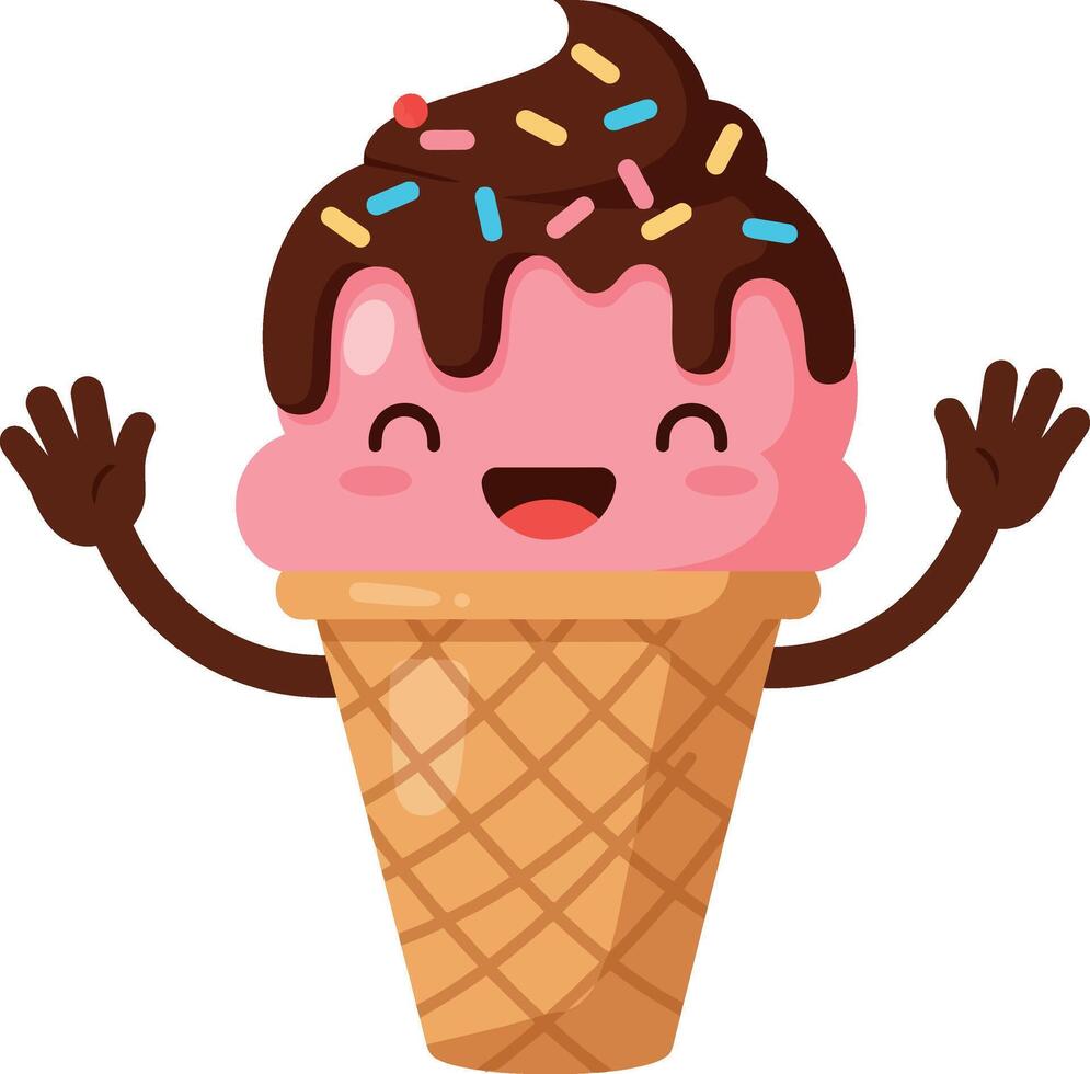 Happy ice cream cone character with chocolate topping and colorful sprinkles in a flat illustration vector