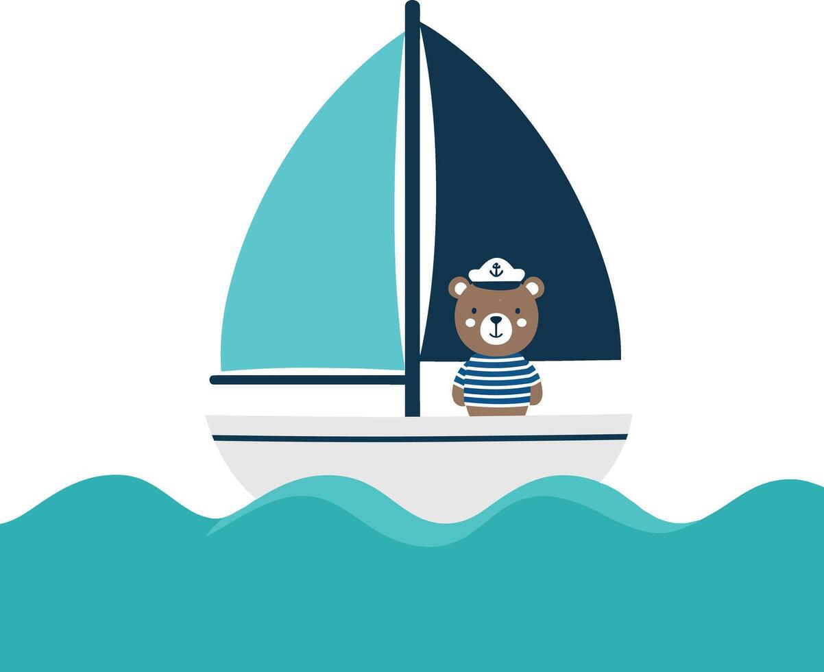 Cute bear sailor on a sailboat in flat art style with ocean waves vector