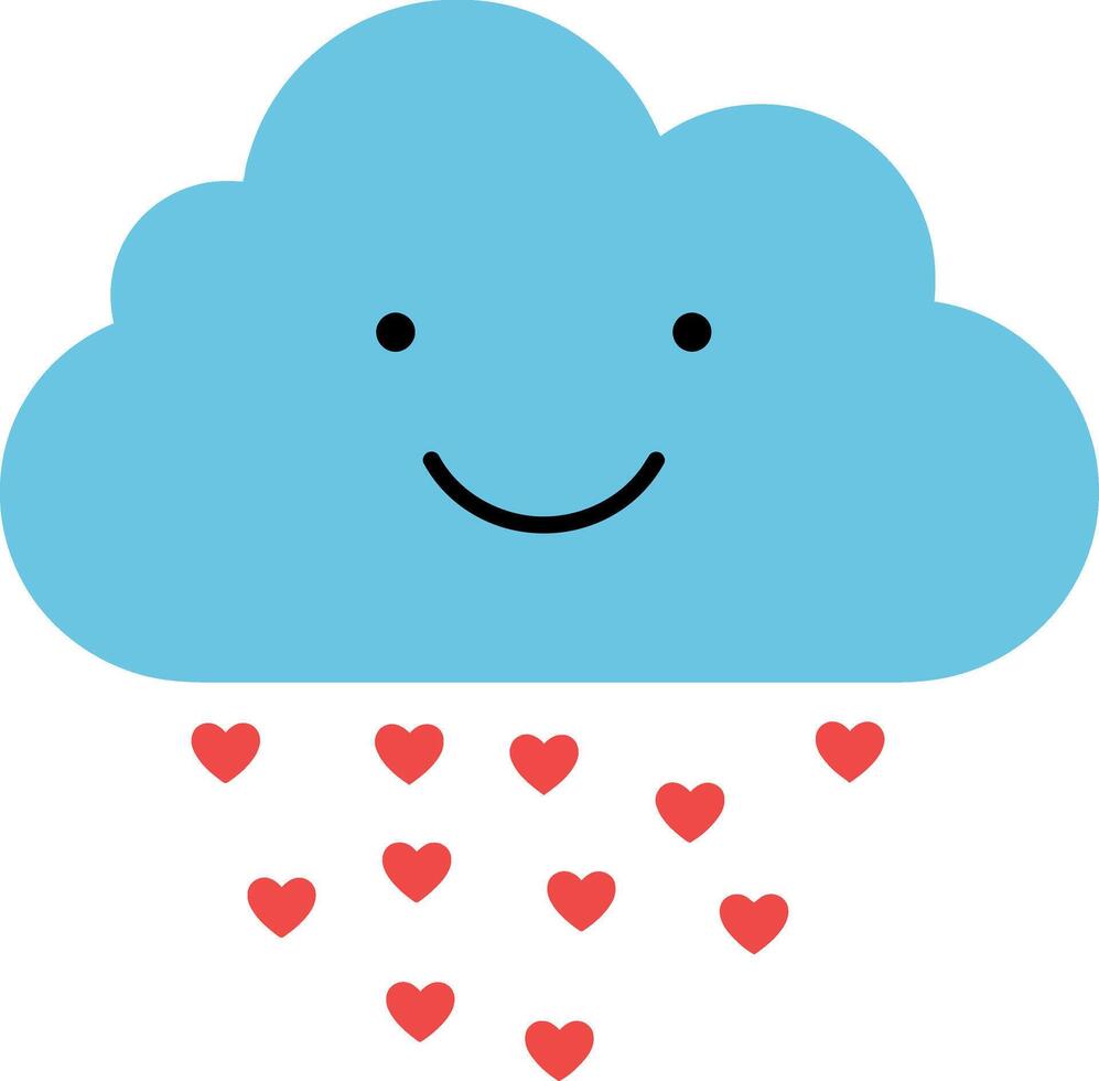 Smiling blue cloud with red heart-shaped raindrops in flat illustration vector