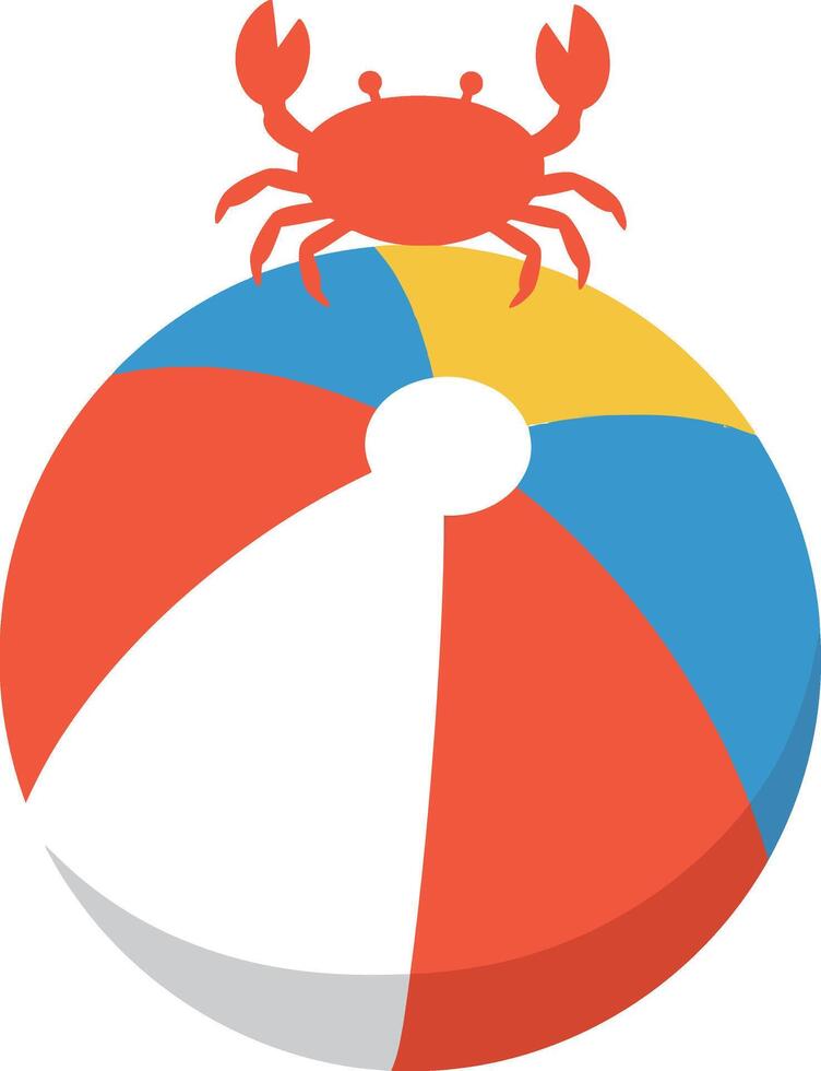 A cheerful red crab perched atop a colorful beach ball in flat art vector