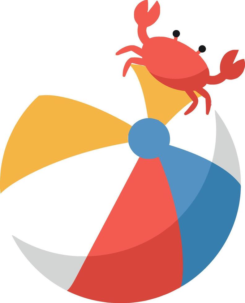 Colorful beach ball with a playful crab perched on top in flat art vector