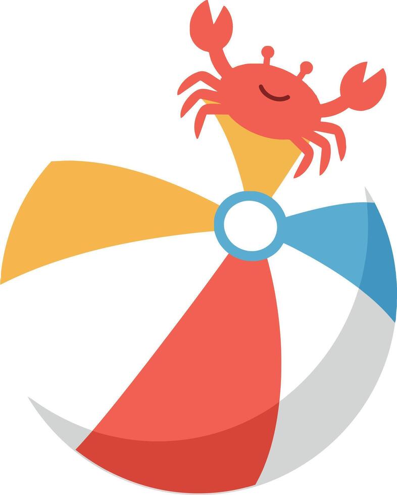 A cheerful crab sitting atop a brightly colored beach ball in a flat illustration vector