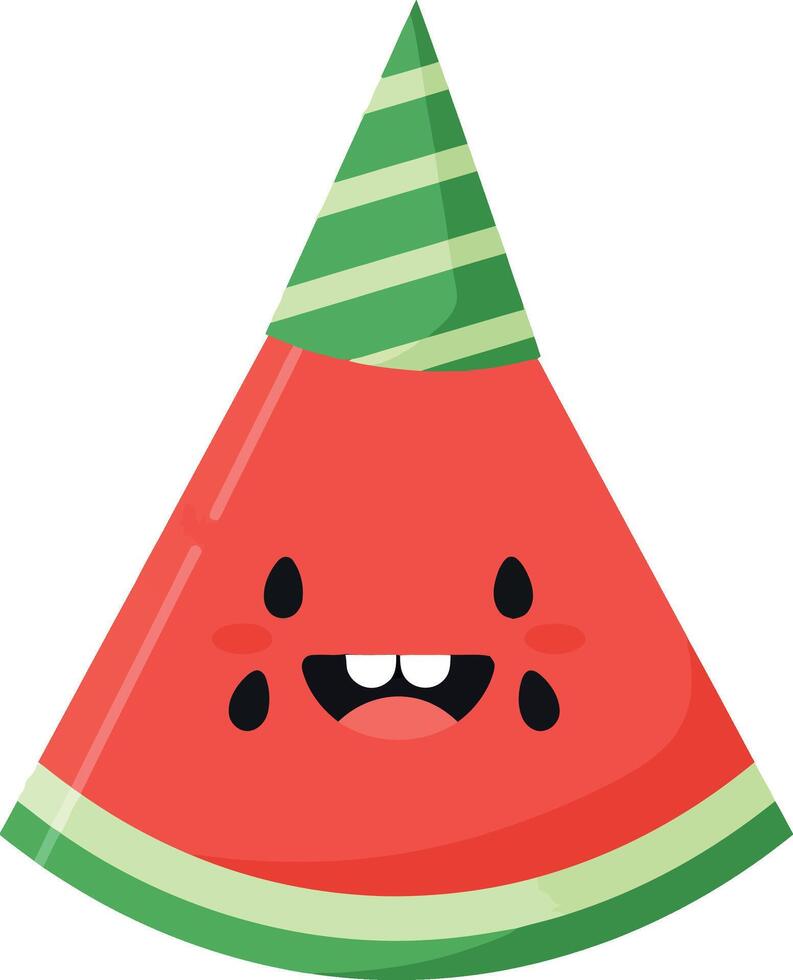 Happy watermelon slice wearing a party hat in flat art style with cheerful expression vector