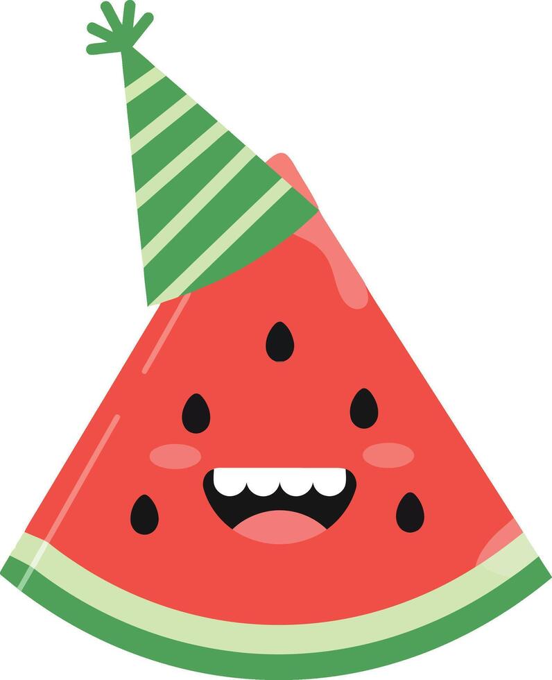 Cheerful watermelon slice character wearing a striped party hat in a flat art style vector
