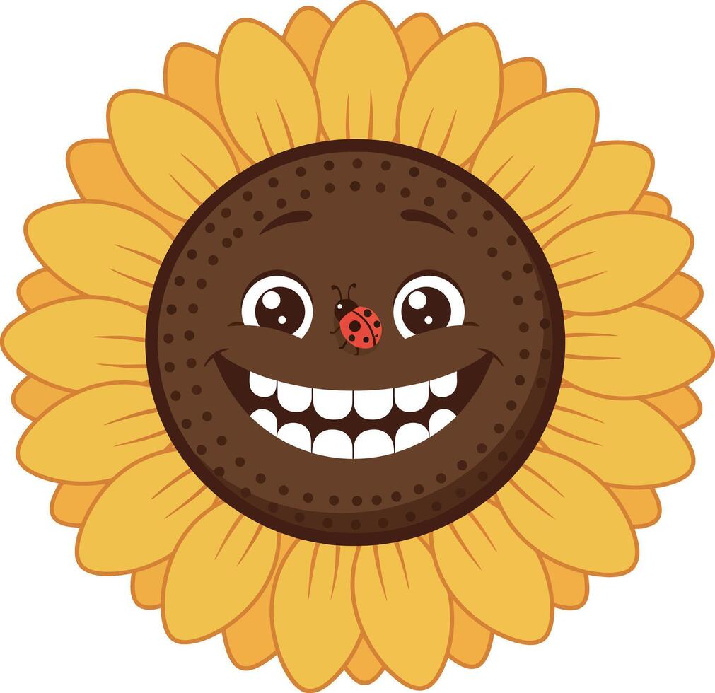 Cheerful sunflower character with smiling face and ladybug, minimal illustration vector