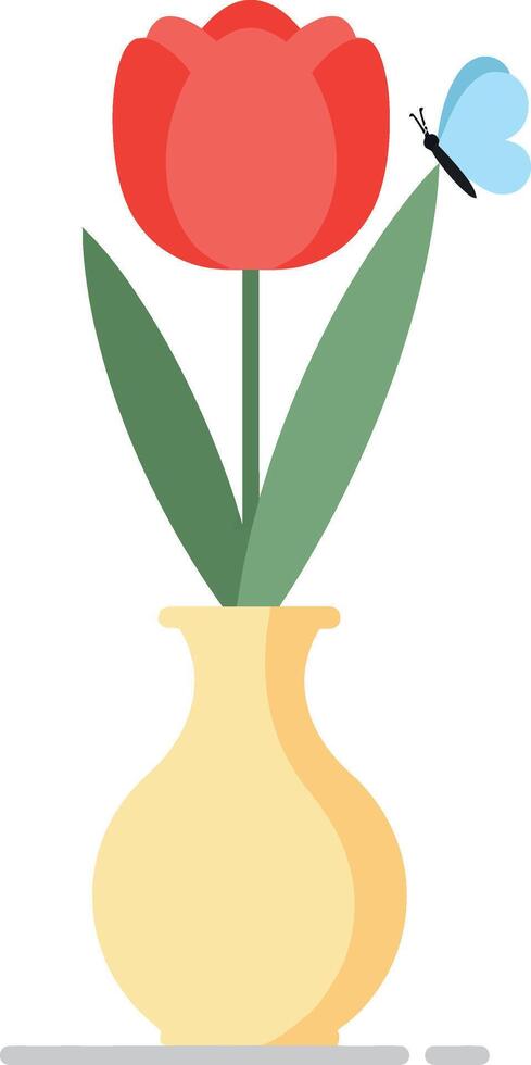 Red tulip in a yellow vase with a blue butterfly minimal illustration vector
