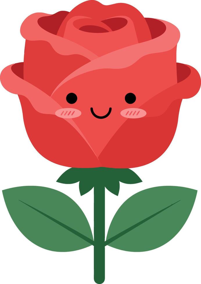 Cute smiling red rose with green leaves in flat illustration vector