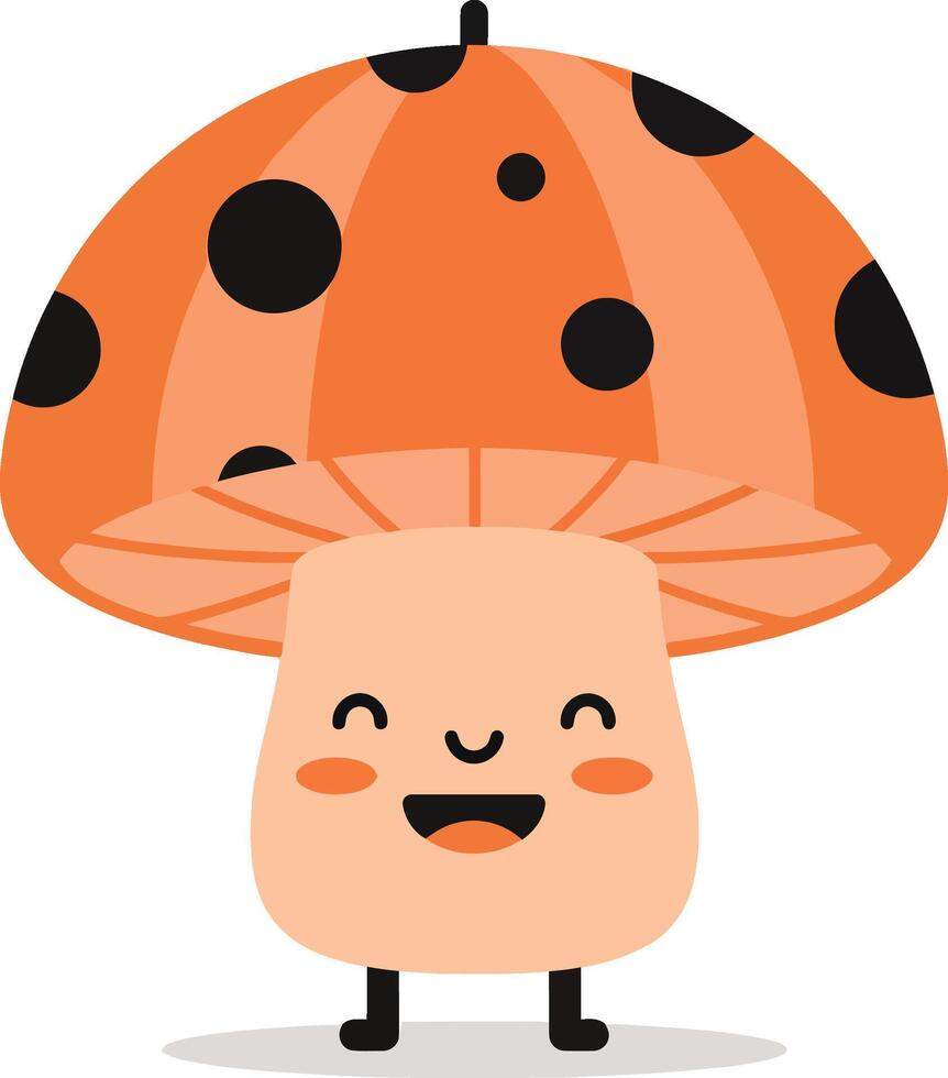 Cute smiling mushroom character with orange and black spotted cap in a flat art style vector