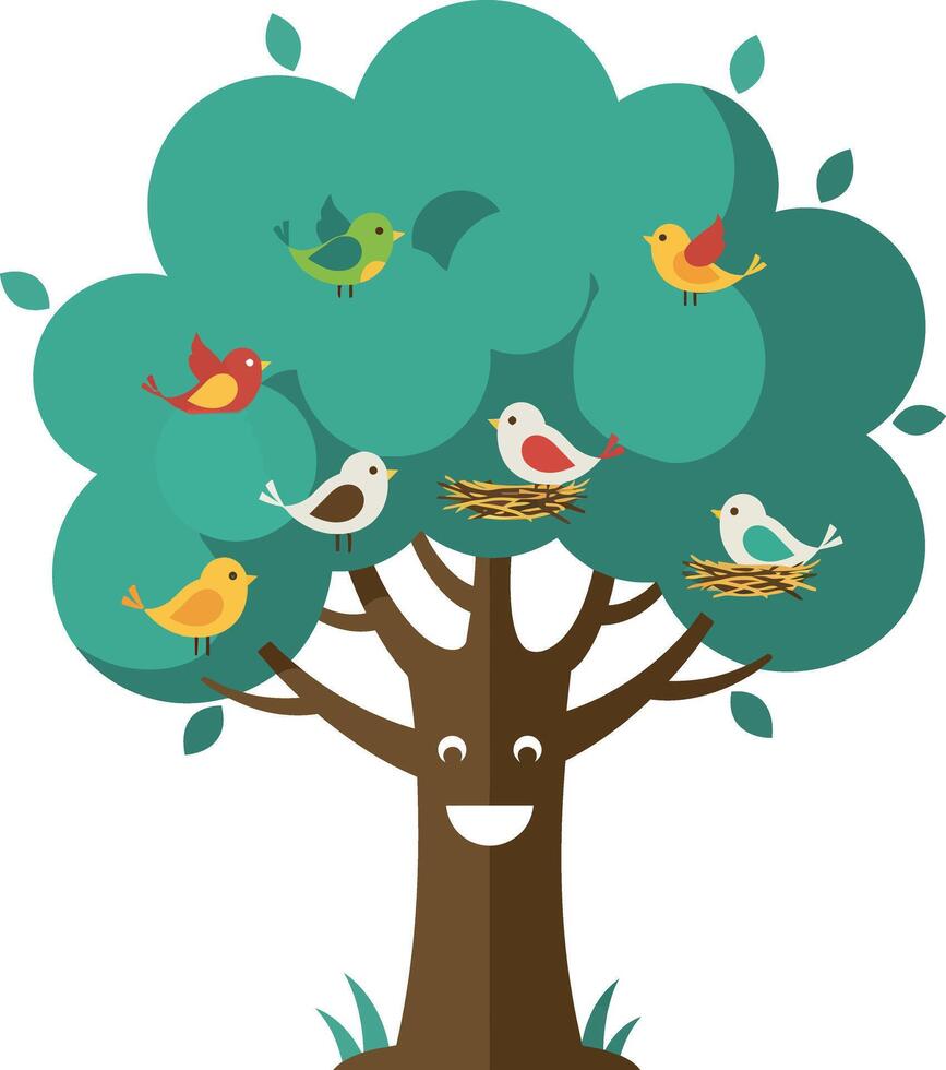 Happy tree with colorful birds perched on branches in a flat illustration vector