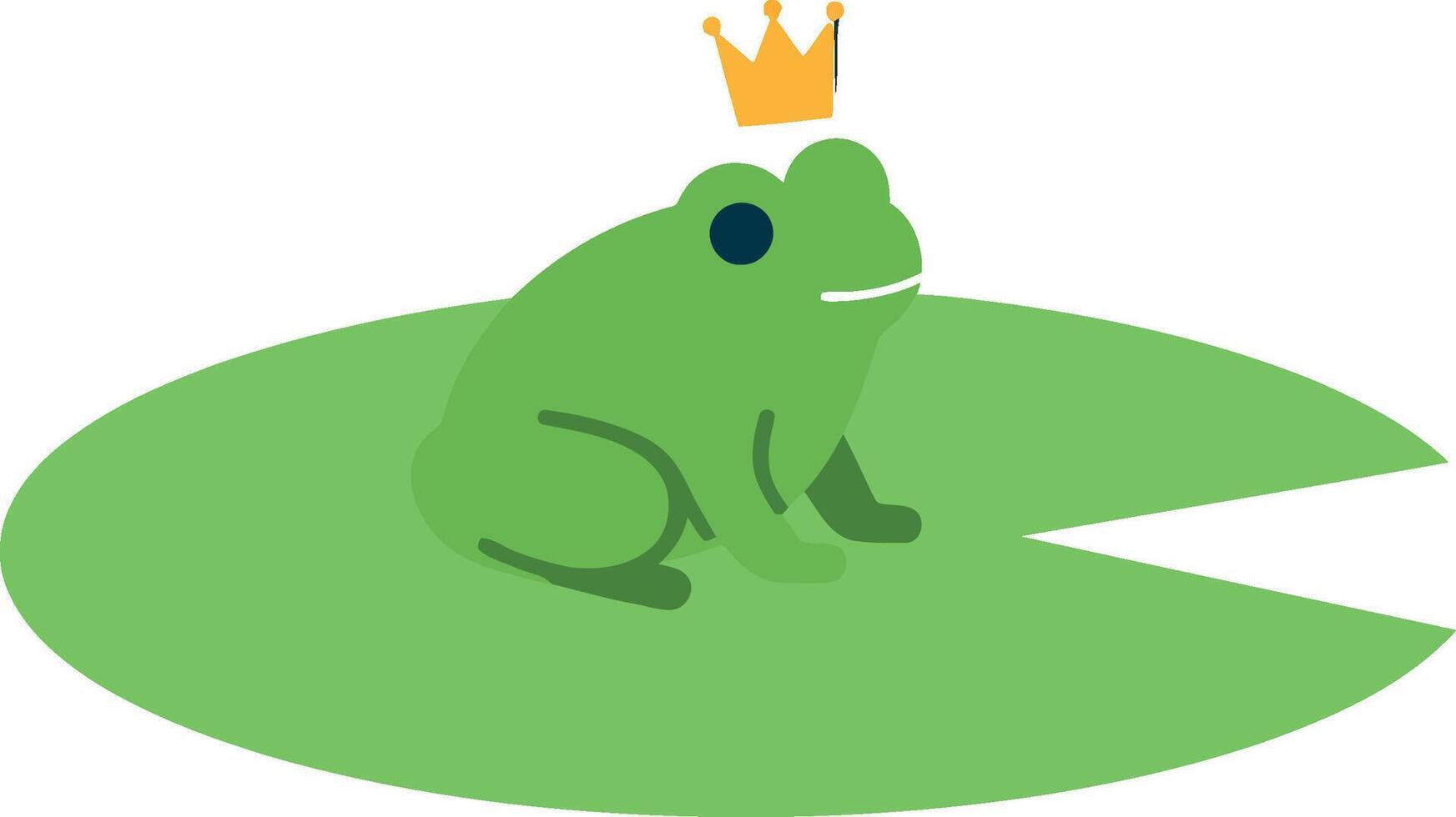 A green frog sitting on a lily pad wearing a golden crown in flat art vector