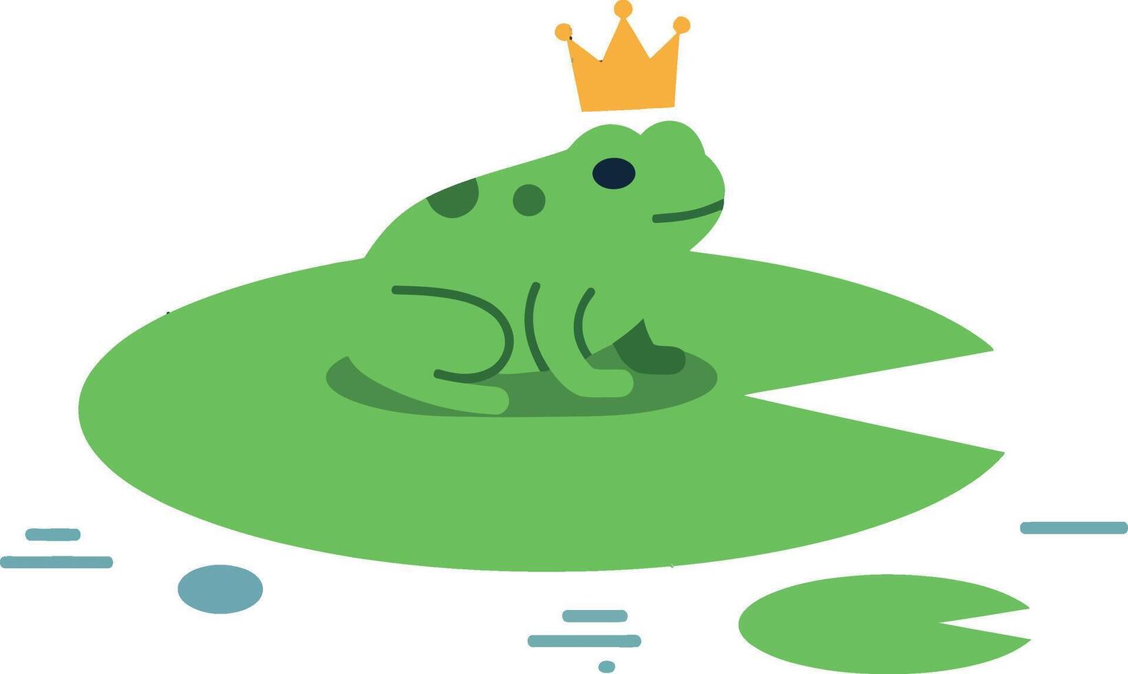 Green frog sitting on a lily pad with a crown in a minimal illustration vector