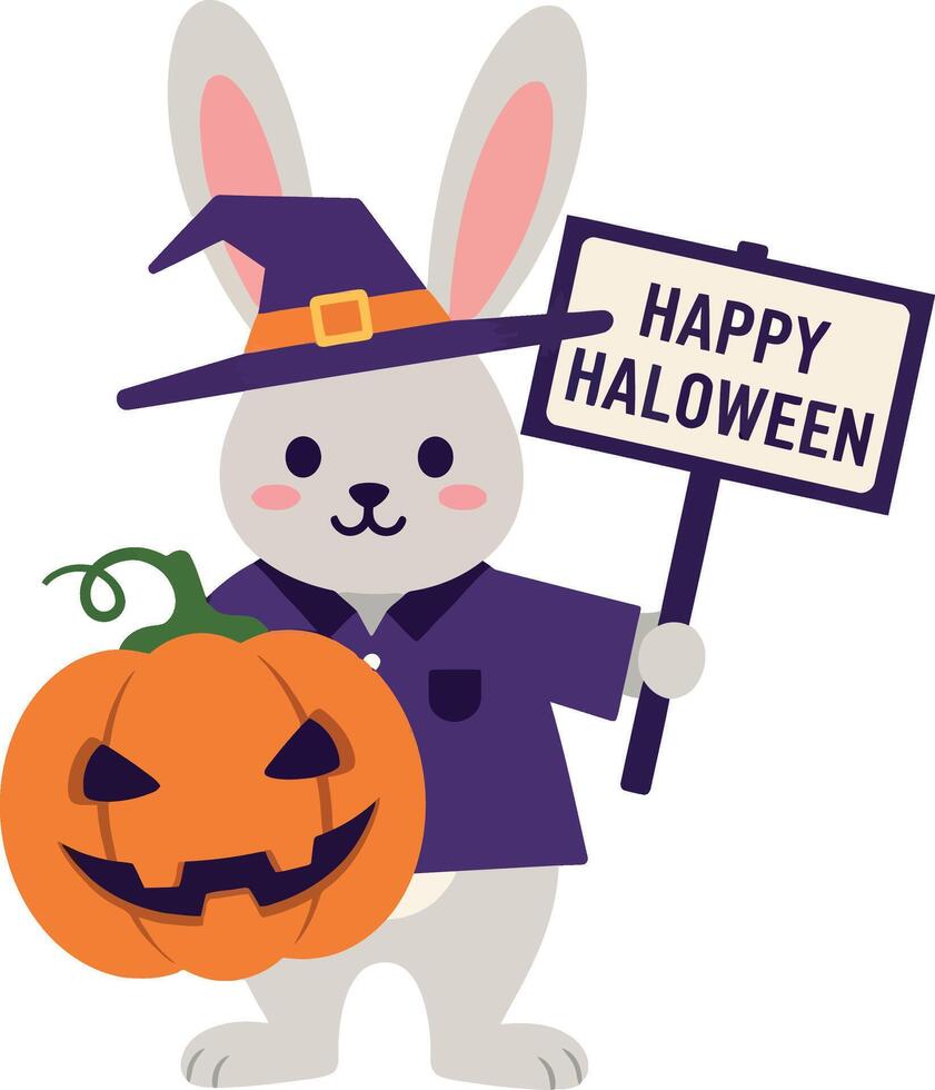 A cheerful rabbit wearing a witch hat holding a pumpkin and Halloween sign in flat art vector