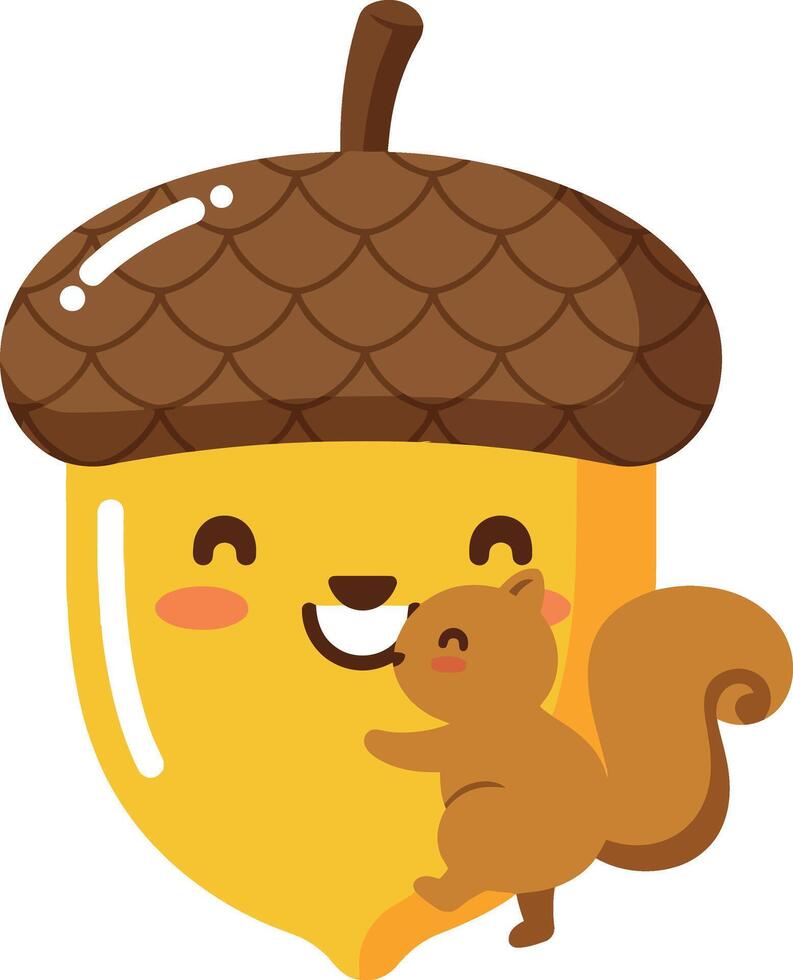 Cheerful squirrel hugging a smiling acorn in playful flat illustration vector