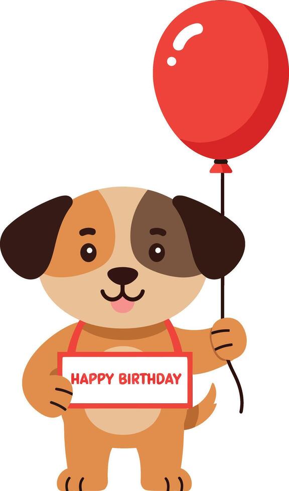 Cute dog holding a red balloon and birthday sign in a colorful flat illustration vector