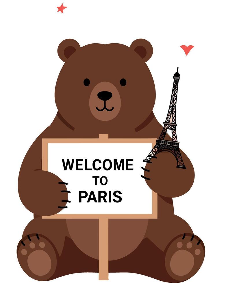 A cute bear holding a sign and Eiffel Tower in flat illustration vector