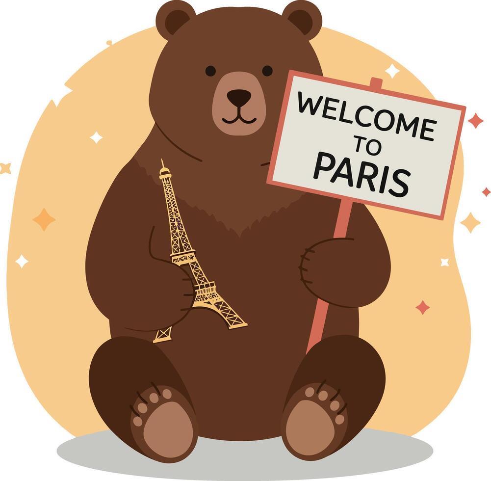 Adorable bear holding Eiffel Tower and welcome sign in flat illustration vector