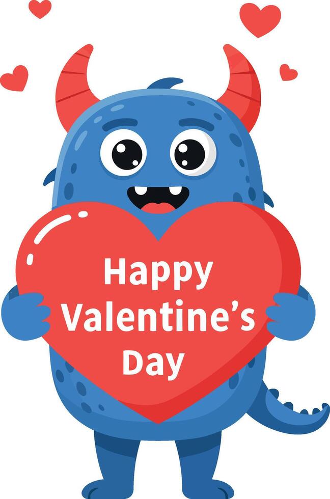 Cute blue monster holding a red heart for Valentines Day in flat art vector