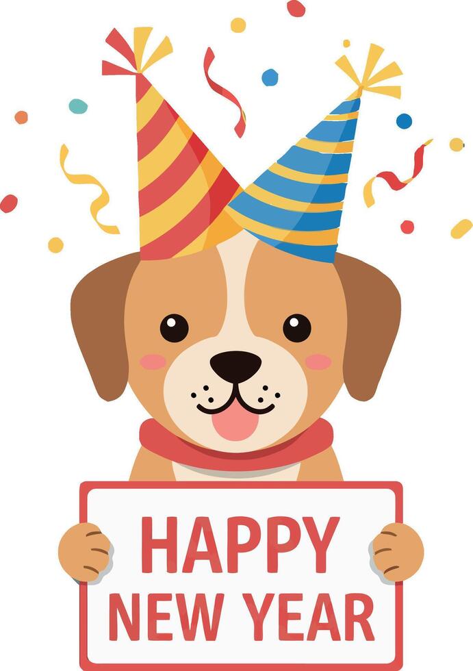 Cute dog wearing party hats celebrating New Year with confetti in a cheerful flat illustration vector
