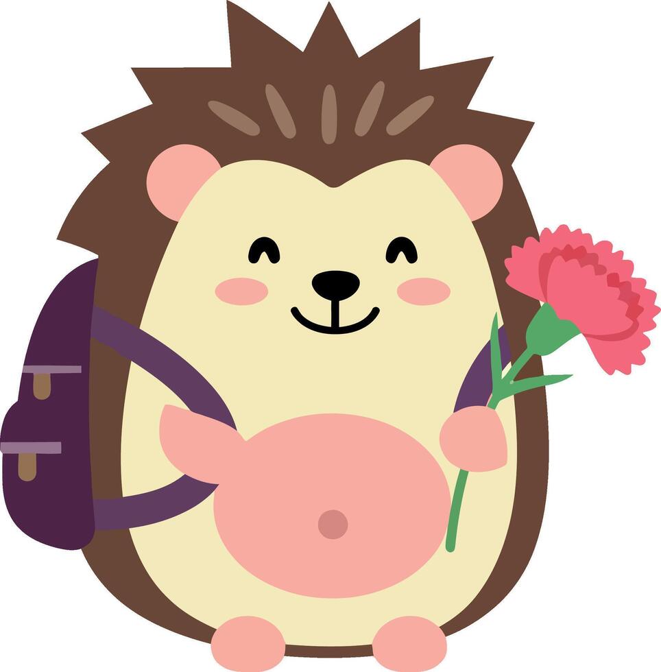 Cute hedgehog character with a backpack and flower in a flat illustration vector