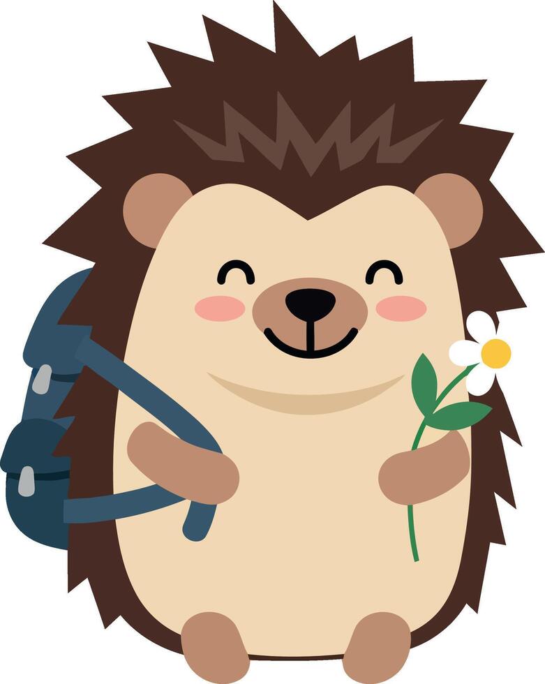 Cute hedgehog holding a flower and a tool in a flat illustration vector