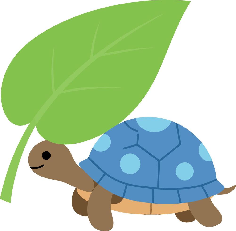 Cute turtle carrying a large green leaf in a minimal flat design art vector