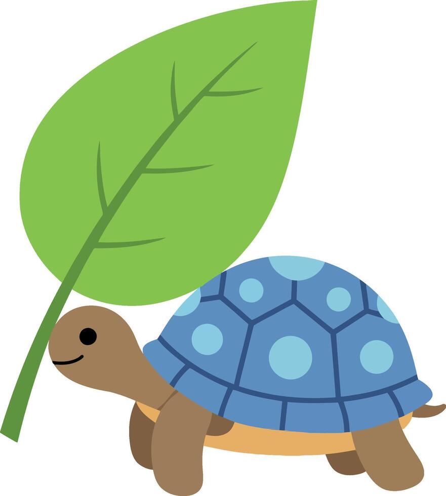 Cute turtle with a blue shell under a large green leaf in flat art vector