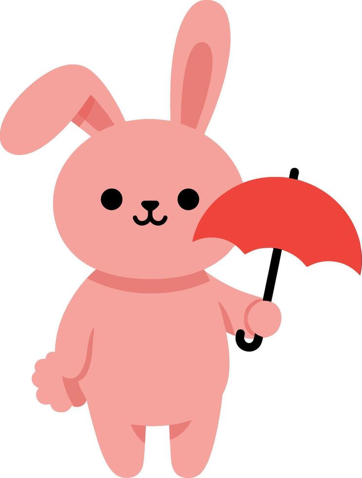 Cute pink bunny holding a red umbrella in flat art style vector