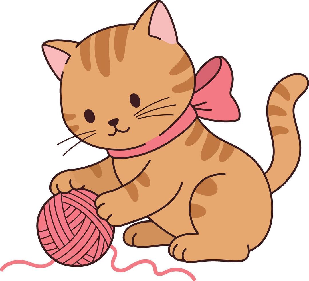 Cute orange cat playing with a pink yarn ball in a playful flat illustration vector