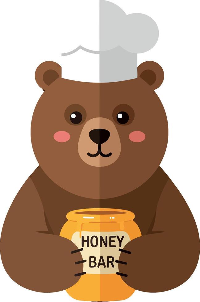 Cute cartoon bear wearing a chef hat holding a jar of honey bar in minimal art vector