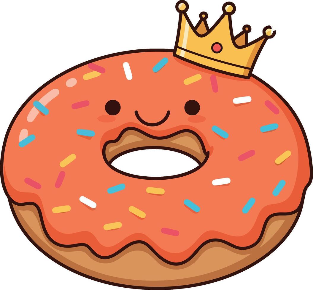 Cute smiling donut wearing a crown, flat design, colorful sprinkles, joyful and playful mood, illustration vector