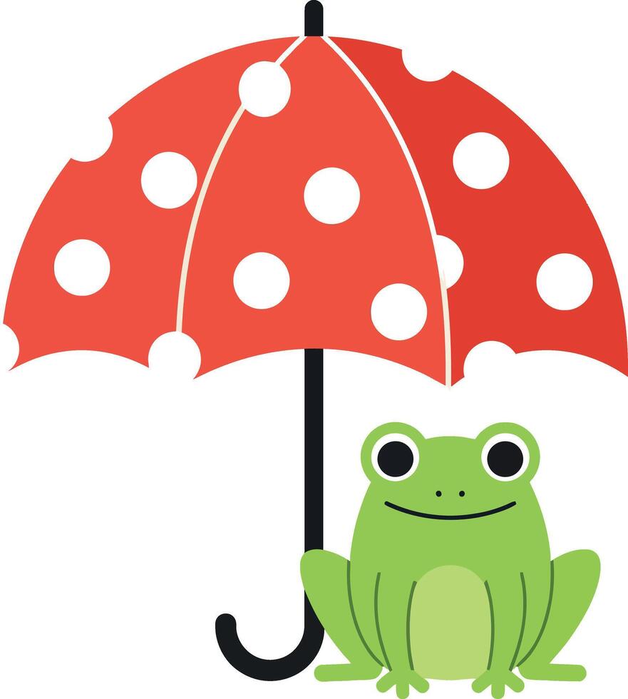 A cheerful green frog sitting under a red polka dot umbrella in flat art vector