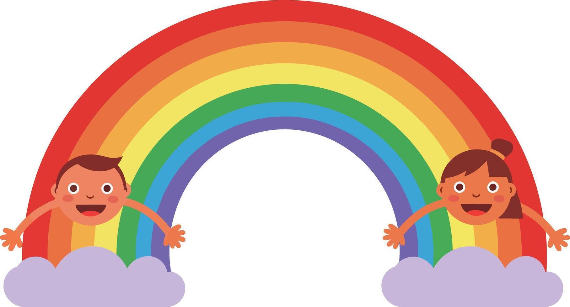 Two cheerful children joyfully peeking out from colorful rainbow clouds in flat illustration vector