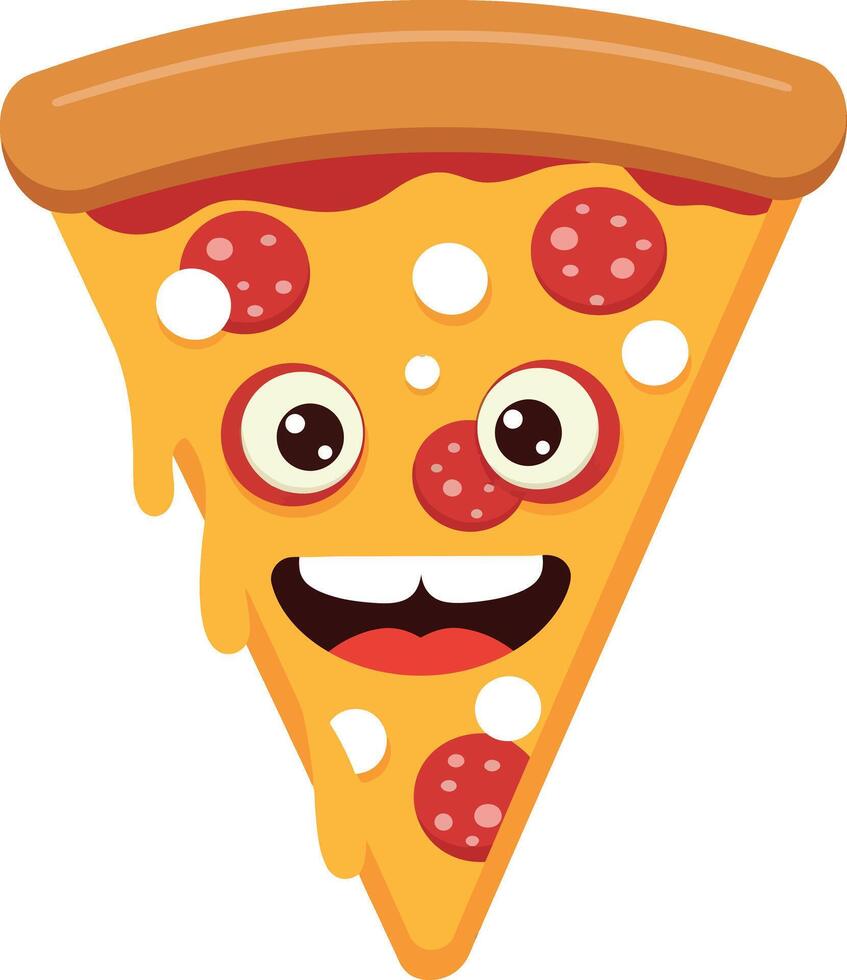 Cartoon-style smiling pizza slice with pepperoni and cheese in flat art vector