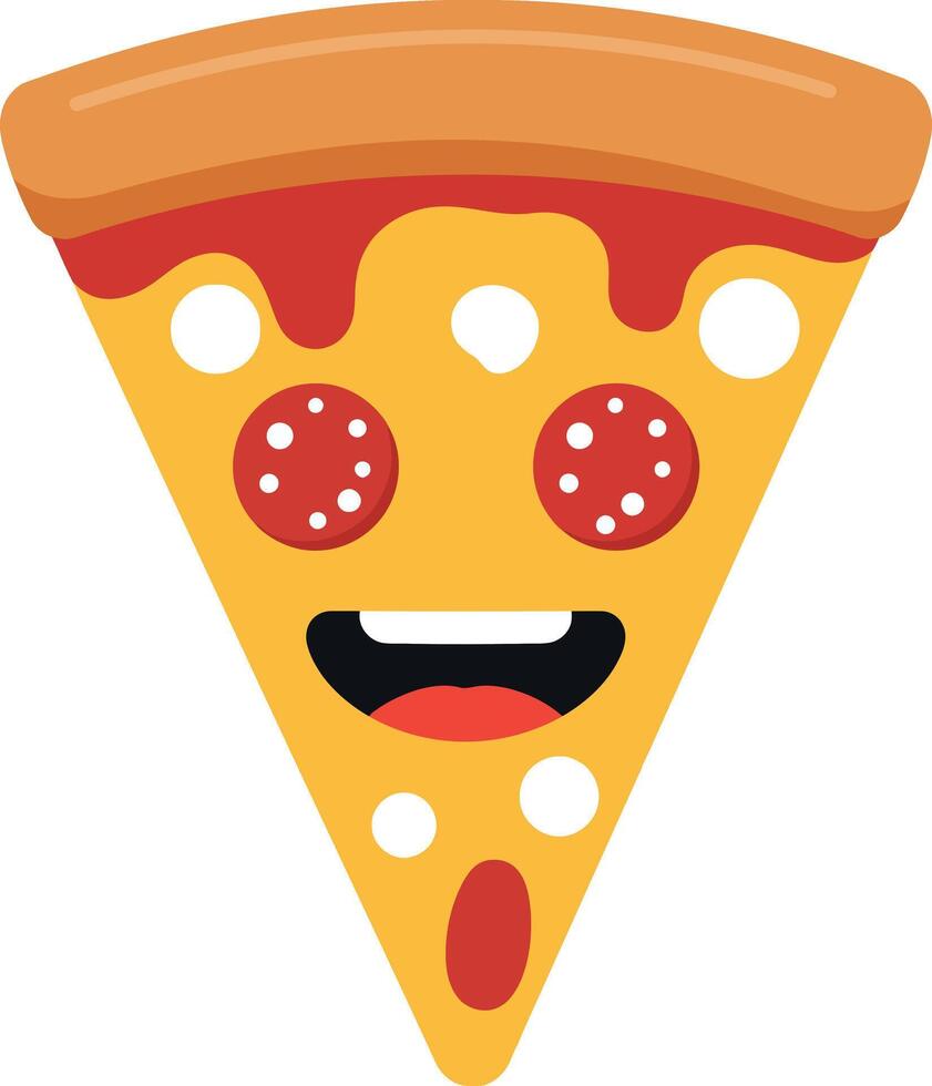 Happy cartoon pizza slice with cheese and pepperoni in a flat art style vector