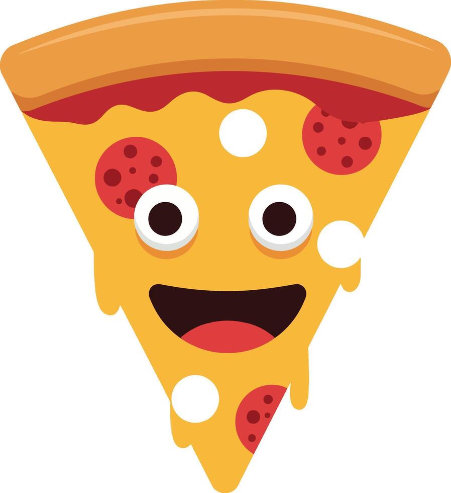 Smiling cartoon pizza slice with pepperoni and cheese in flat art vector