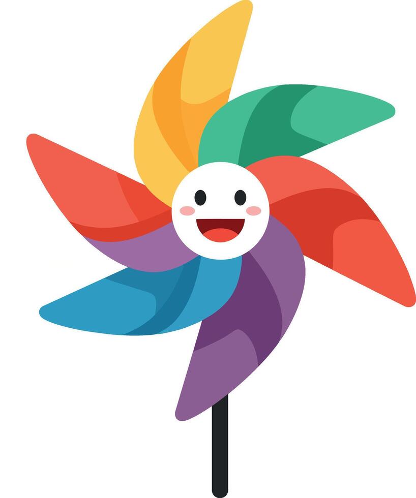 Colorful pinwheel with smiling face, flat design, cheerful atmosphere, playful illustration vector
