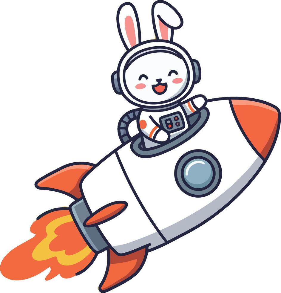 A cute bunny astronaut happily flying in a colorful rocket ship, flat illustration vector
