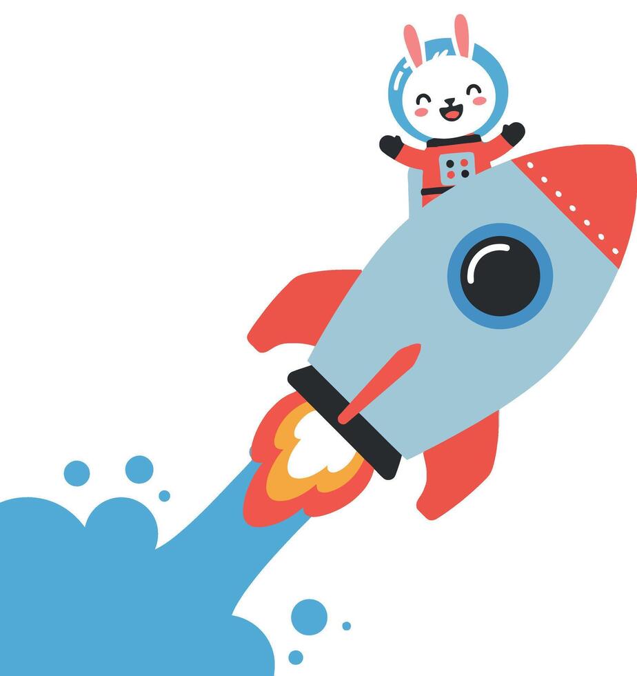 Cute rabbit astronaut joyfully riding a colorful rocket in a flat illustration vector