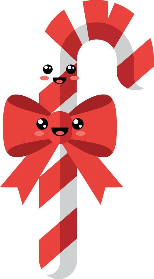 Cute smiling candy cane with red bow in flat illustration style vector