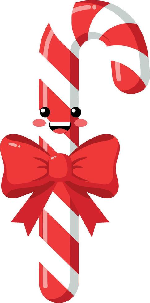 Cute candy cane character with a red bow in a flat design illustration vector