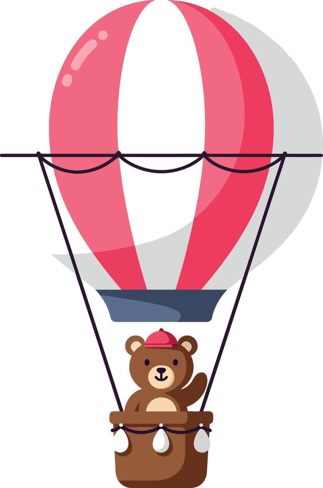 Cute teddy bear in a hot air balloon with pink and white stripes, flat illustration vector