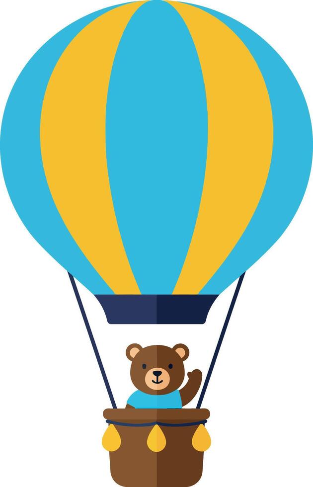 A cheerful bear floating in a colorful hot air balloon in a flat illustration vector