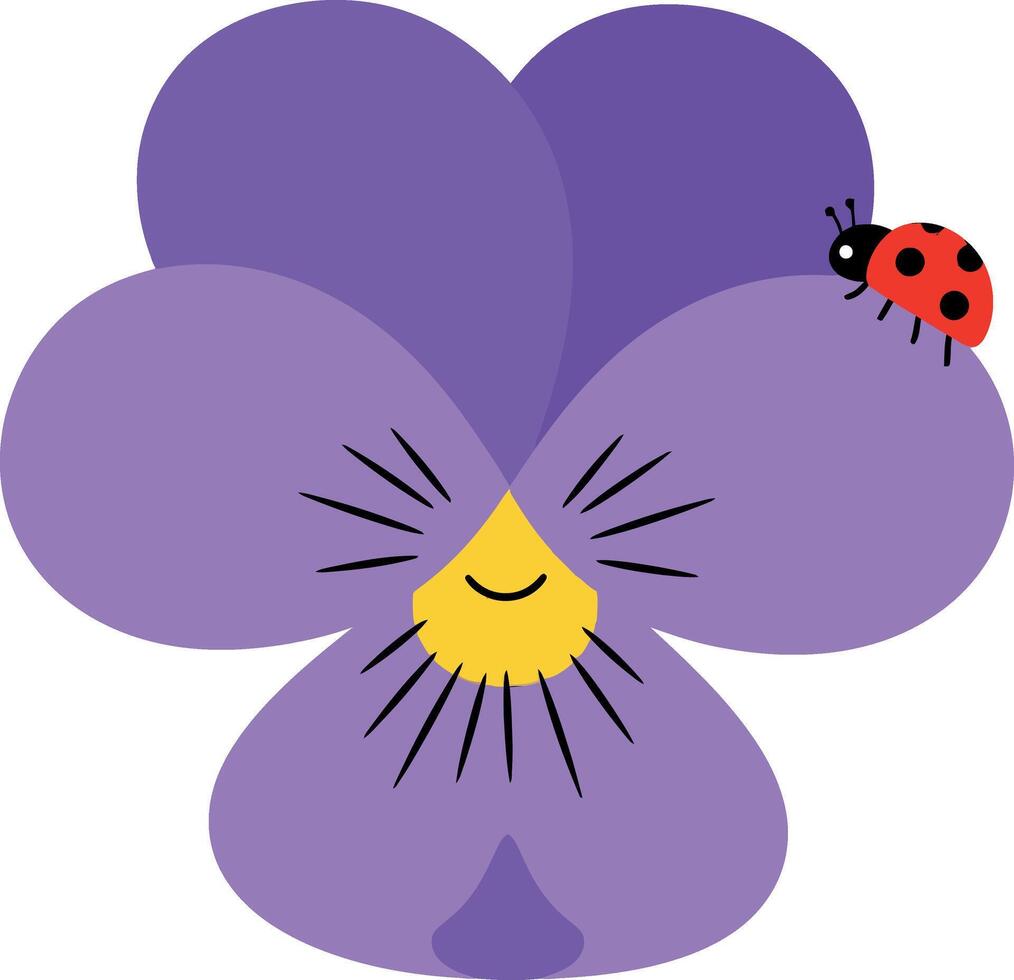 Happy purple flower with smiling face and ladybug in flat illustration vector