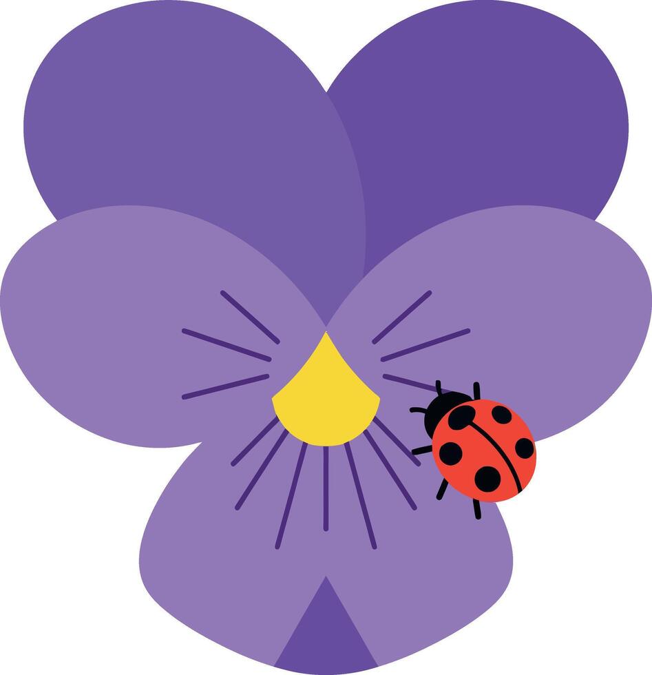 Purple flower with a yellow center and a red ladybug in flat art vector